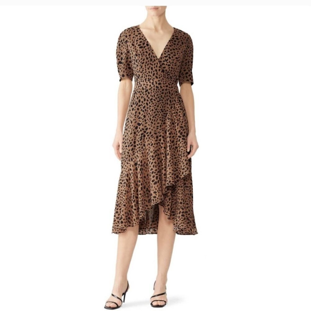 Fame and Partners Animal Print Wrap Dress Tan Black Ruffle High Low Midi Size 12